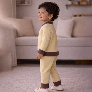 2 Pcs Olive & Brown Train Patch Winter Cardigan & Pants set for Infants - 0 - 3 Months Winter Wear