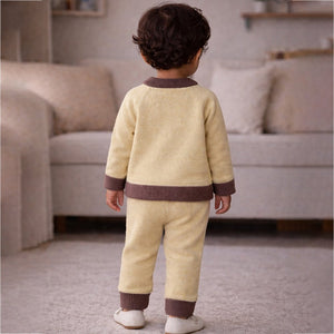 2 Pcs Olive & Brown Train Patch Winter Cardigan & Pants set for Infants - 0 - 3 Months Winter Wear