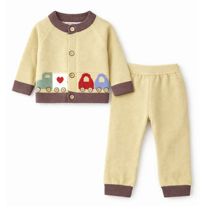 2 Pcs Olive & Brown Train Patch Winter Cardigan & Pants set for Infants - 0 - 3 Months Winter Wear