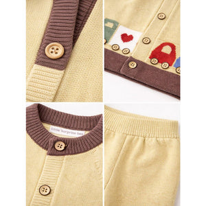 2 Pcs Olive & Brown Train Patch Winter Cardigan & Pants set for Infants - 0 - 3 Months Winter Wear