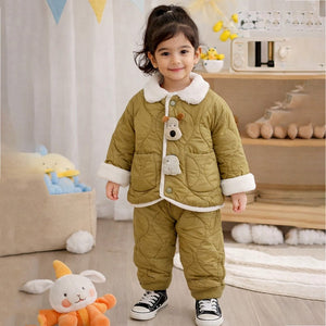2 Pcs Olive Quilted Puffer Winter Jacket with Pants Co - ords set for Kids - 2 - 3 Years Winter Wear