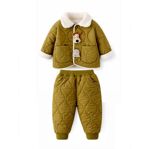 2 Pcs Olive Quilted Puffer Winter Jacket with Pants Co - ords set for Kids - 2 - 3 Years Winter Wear