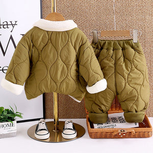 2 Pcs Olive Quilted Puffer Winter Jacket with Pants Co - ords set for Kids - 2 - 3 Years Winter Wear