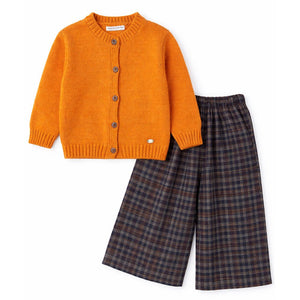 2 Pcs Orange Sweatshirt with Grey Checkered wide - Leg Three fourth styled Pants for Kids - 2 - 3 Years Winter Wear