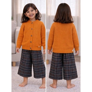 2 Pcs Orange Sweatshirt with Grey Checkered wide - Leg Three fourth styled Pants for Kids - 2 - 3 Years Winter Wear