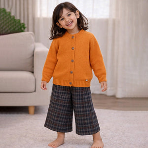 2 Pcs Orange Sweatshirt with Grey Checkered wide - Leg Three fourth styled Pants for Kids - 2 - 3 Years Winter Wear