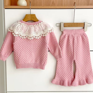 2 Pcs Peach Sailor Neck Sweater Top & Flare Pant, Winterwear co - ord set for Girls - 3 - 6 Months Winter Wear