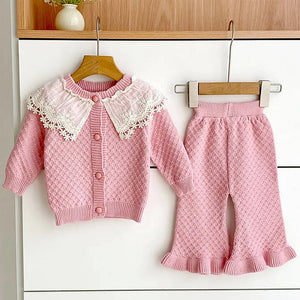 2 Pcs Peach Sailor Neck Sweater Top & Flare Pant, Winterwear co - ord set for Girls - 3 - 6 Months Winter Wear