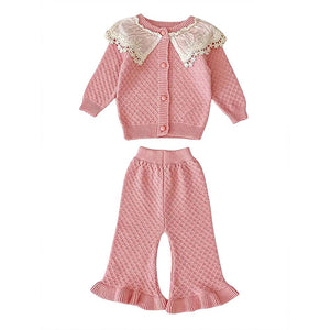 2 Pcs Peach Sailor Neck Sweater Top & Flare Pant, Winterwear co - ord set for Girls - 3 - 6 Months Winter Wear