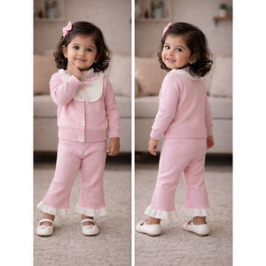 2 Pcs Pink Bib Neck Style Sweater Top & Flare Pant, Winterwear co - ord set for Girls - 0 - 3 Months Winter Wear
