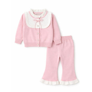 2 Pcs Pink Bib Neck Style Sweater Top & Flare Pant, Winterwear co - ord set for Girls - 0 - 3 Months Winter Wear