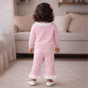 2 Pcs Pink Bib Neck Style Sweater Top & Flare Pant, Winterwear co - ord set for Girls - 0 - 3 Months Winter Wear