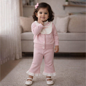 2 Pcs Pink Bib Neck Style Sweater Top & Flare Pant, Winterwear co - ord set for Girls - 0 - 3 Months Winter Wear