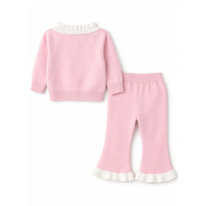 2 Pcs Pink Bib Neck Style Sweater Top & Flare Pant, Winterwear co - ord set for Girls - 0 - 3 Months Winter Wear
