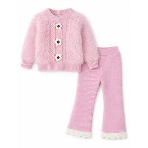 2 Pcs Pink Flower Sweater & Flare Pant, Winterwear Co - ord set for Girls - 2 - 3 Years Winter Wear