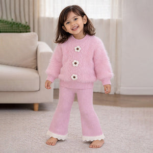 2 Pcs Pink Flower Sweater & Flare Pant, Winterwear Co - ord set for Girls - 2 - 3 Years Winter Wear