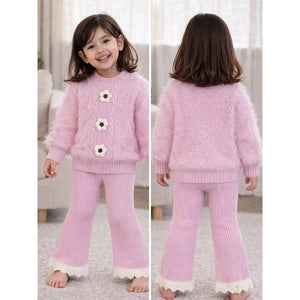 2 Pcs Pink Flower Sweater & Flare Pant, Winterwear Co - ord set for Girls - 2 - 3 Years Winter Wear