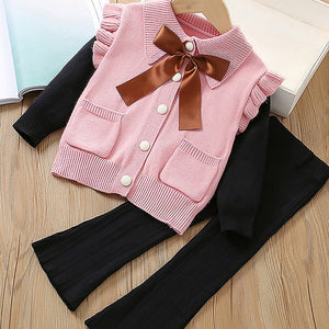 2 pcs Pink Ruffled KnittedTop with Black Bootcut Winterwear Pants for Kids - 3 - 4 Years Winter Wear