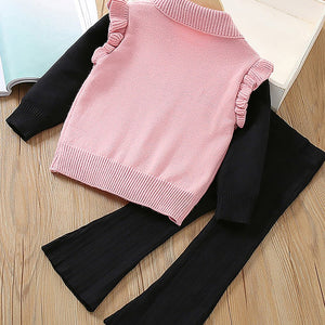 2 pcs Pink Ruffled KnittedTop with Black Bootcut Winterwear Pants for Kids - 3 - 4 Years Winter Wear