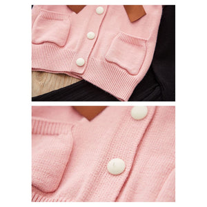 2 pcs Pink Ruffled KnittedTop with Black Bootcut Winterwear Pants for Kids - 3 - 4 Years Winter Wear