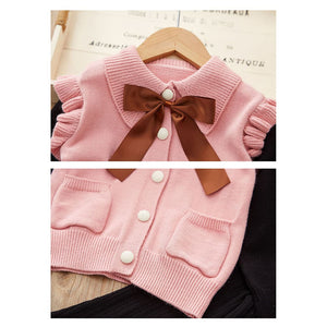 2 pcs Pink Ruffled KnittedTop with Black Bootcut Winterwear Pants for Kids - 3 - 4 Years Winter Wear