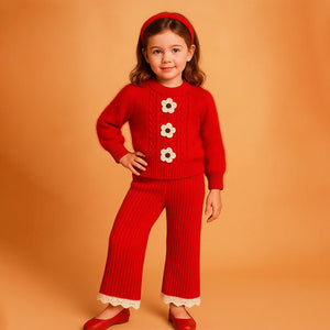 2 Pcs Red 3Flower Sweater Top & Flare Pant, Winterwear set for Girls - 2 - 3 Years Winter Wear