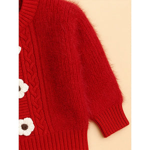 2 Pcs Red 3Flower Sweater Top & Flare Pant, Winterwear set for Girls - 2 - 3 Years Winter Wear