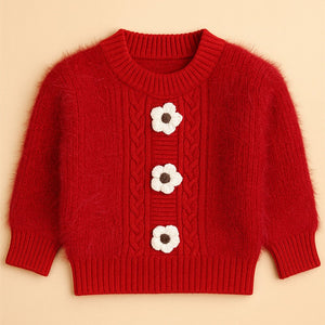 2 Pcs Red 3Flower Sweater Top & Flare Pant, Winterwear set for Girls - 2 - 3 Years Winter Wear