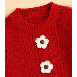 2 Pcs Red 3Flower Sweater Top & Flare Pant, Winterwear set for Girls - 2 - 3 Years Winter Wear