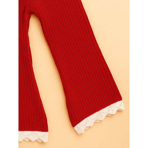 2 Pcs Red 3Flower Sweater Top & Flare Pant, Winterwear set for Girls - 2 - 3 Years Winter Wear