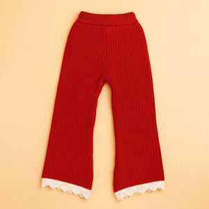 2 Pcs Red 3Flower Sweater Top & Flare Pant, Winterwear set for Girls - 2 - 3 Years Winter Wear