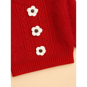 2 Pcs Red 3Flower Sweater Top & Flare Pant, Winterwear set for Girls - 2 - 3 Years Winter Wear
