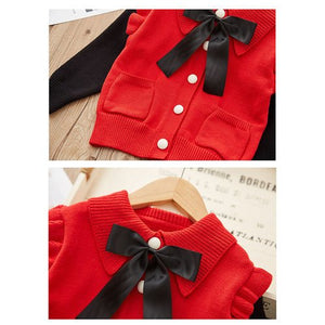 2 pcs Red Ruffled KnittedTop with Black Bootcut Winterwear Pants for Kids - 3 - 4 Years Winter Wear
