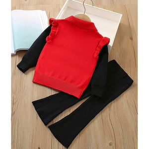 2 pcs Red Ruffled KnittedTop with Black Bootcut Winterwear Pants for Kids - 3 - 4 Years Winter Wear