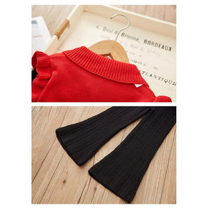 2 pcs Red Ruffled KnittedTop with Black Bootcut Winterwear Pants for Kids - 3 - 4 Years Winter Wear