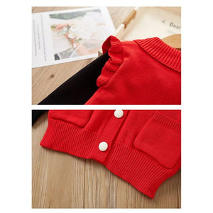 2 pcs Red Ruffled KnittedTop with Black Bootcut Winterwear Pants for Kids - 3 - 4 Years Winter Wear