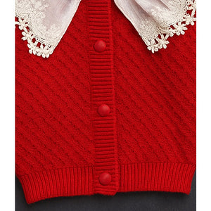 2 Pcs Red Sailor Neck Sweater Top & Flare Pant, Winterwear set for Girls - 3 - 6 Months Winter Wear