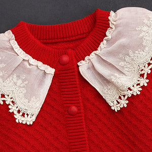 2 Pcs Red Sailor Neck Sweater Top & Flare Pant, Winterwear set for Girls - 3 - 6 Months Winter Wear