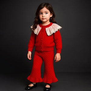 2 Pcs Red Sailor Neck Sweater Top & Flare Pant, Winterwear set for Girls - 3 - 6 Months Winter Wear