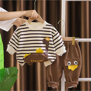 2 Pcs Set Brown Striped 3D Fluffy Dino Tummy Sweat Shirt And Pants Set For Toddler And Kids Winter And All Season Wear - 2 - 3 Years Kids Clothing