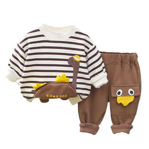 2 Pcs Set Brown Striped 3D Fluffy Dino Tummy Sweat Shirt And Pants Set For Toddler And Kids Winter And All Season Wear - 2 - 3 Years Kids Clothing