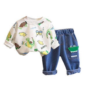 2 Pcs Set Dino Adventure Sweat Shirt And Denims Set For Toddler And Kids Winter And All Season Wear - 2 - 3 Years Kids Clothing