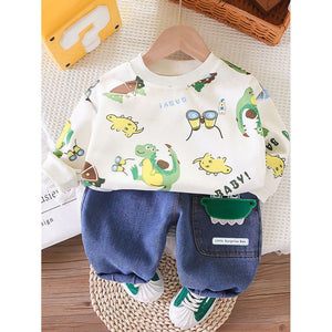 2 Pcs Set Dino Adventure Sweat Shirt And Denims Set For Toddler And Kids Winter And All Season Wear - 2 - 3 Years Kids Clothing