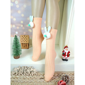 2 pcs set of Cream & Peach, 3d Rabbit Face Socks for Kids (2 Pairs sets) - 