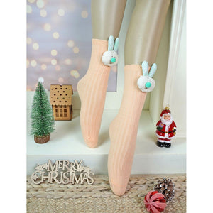 2 pcs set of Cream & Peach, 3d Rabbit Face Socks for Kids (2 Pairs sets) - 