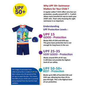 2 pcs Shirt & Shorts set Blue 3d Dino Surfer Kids Swimwear with matching Swim Cap & Free Washbag - 3 - 4 Years Swim