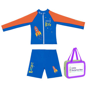 2 pcs Shirt & Shorts set LSB Blue & Orange Space Swimwear Knee length for Kids with UPF 30+ with matching Swim Cap&Free Washbag - 4 - 5 Years Swim