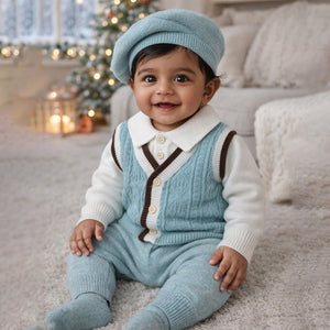 2 Pcs Teal Vest - Style Winter Cardigan & Pants with Beret - Style Cap for Infants - 0 - 3 Months Winter Wear