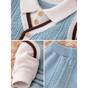 2 Pcs Teal Vest - Style Winter Cardigan & Pants with Beret - Style Cap for Infants - 0 - 3 Months Winter Wear
