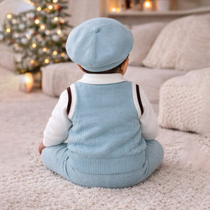 2 Pcs Teal Vest - Style Winter Cardigan & Pants with Beret - Style Cap for Infants - 0 - 3 Months Winter Wear